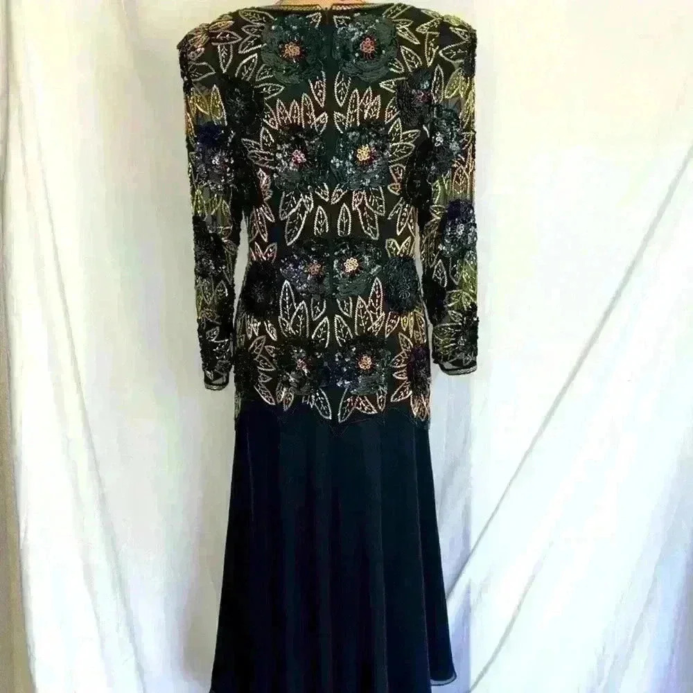 Vintage 1980s Morgan Taylor Evening 100% Silk Black Gold Beaded Sequins Dress - Picture 8 of 10